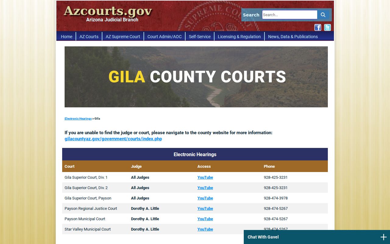 Official directory for Gila County Superior, Justice, and Municipal Court bench warrant contacts