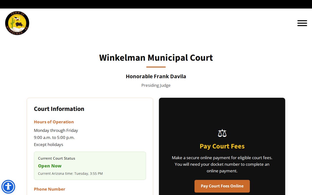 Winkelman Municipal Court contact and docket-number payment page