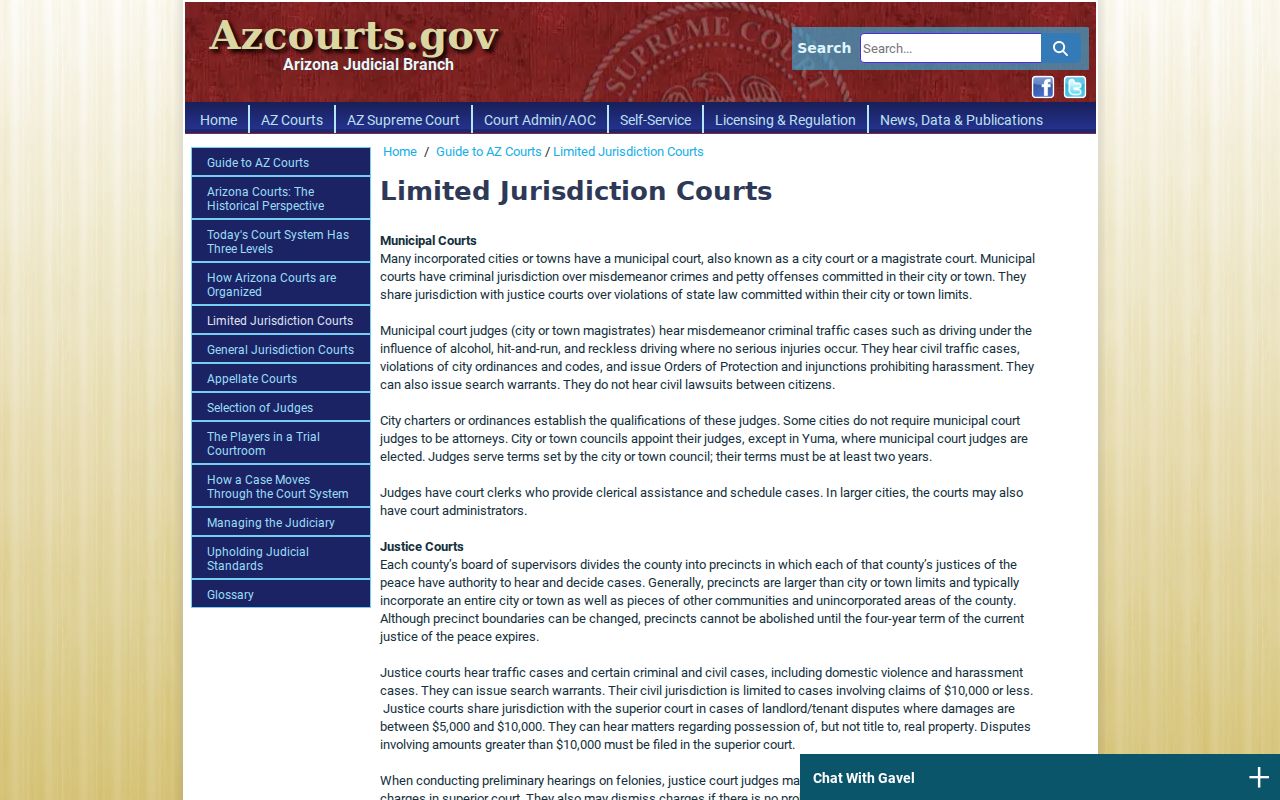 Arizona limited-jurisdiction court overview for Justice and Municipal Courts